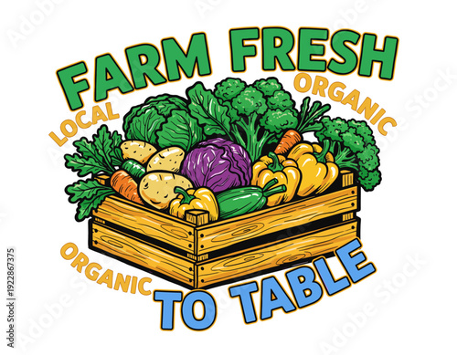 Farm fresh organic vegetable crate design. Local produce market illustration. Healthy food to table graphic art. Assorted garden vegetables harvest. V