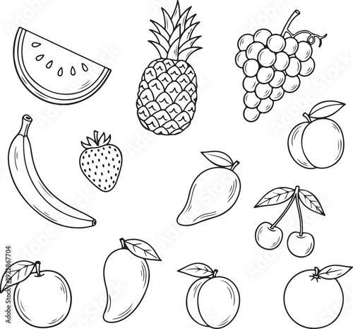 Handdrawn illustrations of various fruits arranged in a visually appealing composition