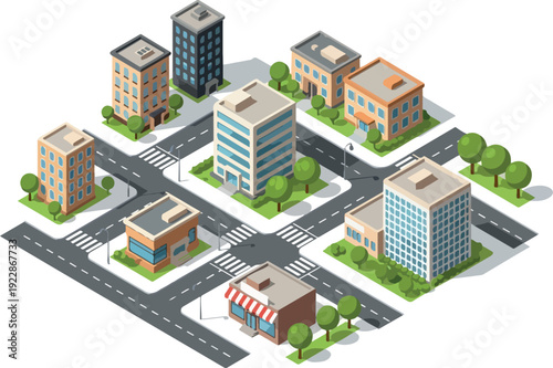 Isometric illustration of a city block with buildings, roads, and trees viewed from above