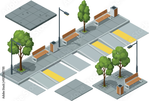 Isometric illustration of a modern urban park with benches, trees, and streetlights on a gray pavement from an aerial viewpoint