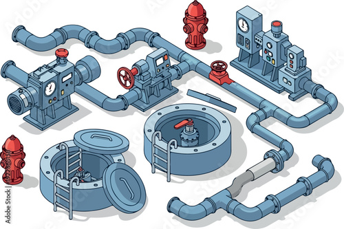 Industrial pipes and machinery configuration viewed from above in a complex system