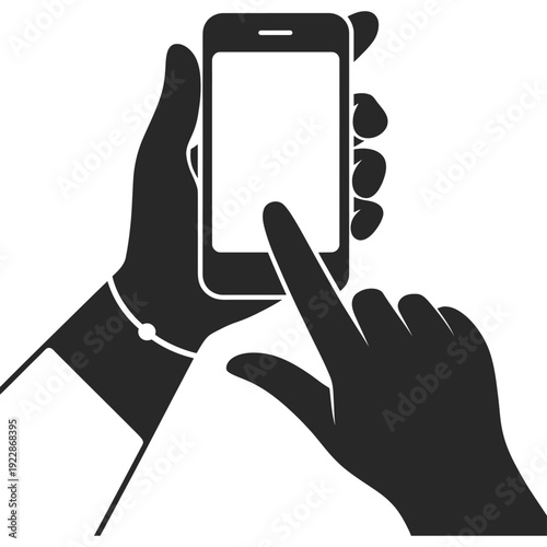 Silhouette hands hold smartphone, bracelet on wrist, finger touches screen, mobile interaction with technology