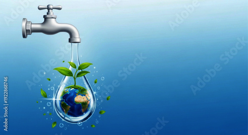 Water conservation and sustainability for world water day, a drop of water with earth and plant representing life and growth