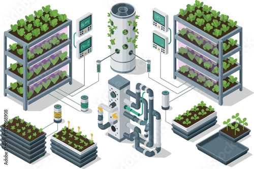 Vertical farm illustration showcasing automated hydroponic system with lush plants and futuristic machinery in a controlled environment from an aerial viewpoint