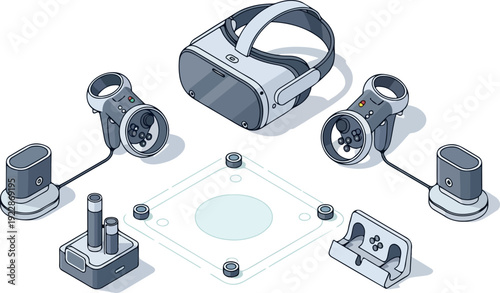 Virtual reality headset and controllers laid out on a flat surface with various peripherals connected