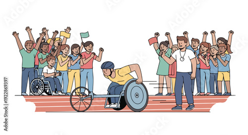 Illustration of a diverse group celebrating the International Day of Sport for Development and Peace with a wheelchair athlete crossing a finish line.