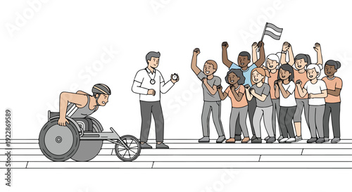 Illustration of a shirtless man in a racing wheelchair with a crowd of diverse people cheering and a referee on International Day of Sport for Development and Peace.