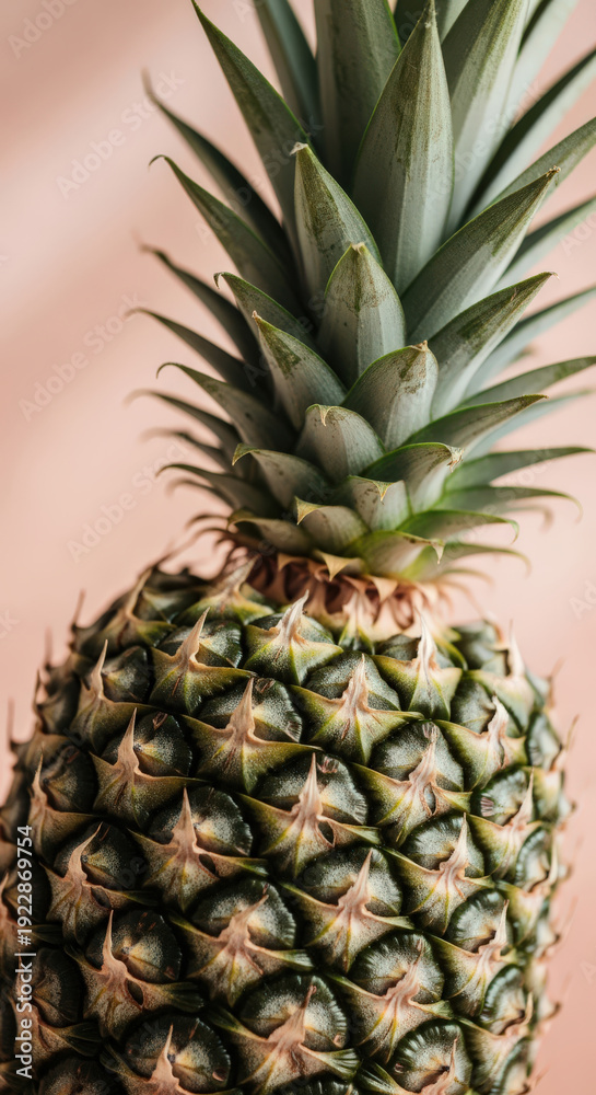 Fototapeta premium Close-Up Pineapple with Spiky Peel and Green Leaves Tropical Fruit Fresh Exotic Food Detail Studio Shot