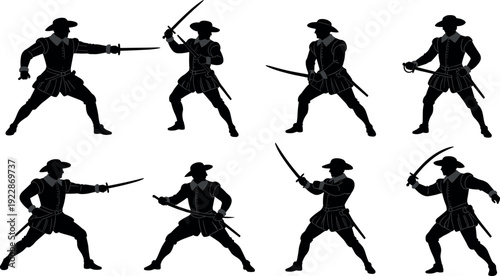 Collection of 17th century swordsman silhouettes in various combat poses, baroque duelist fencing stances with rapiers and sabers for historical vector design