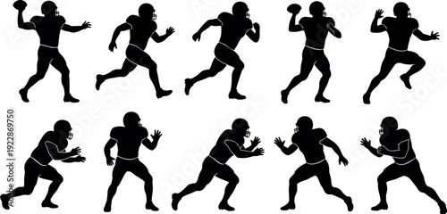 Collection of American football player vector silhouettes featuring athletes in action poses like throwing running and tackling for sports and competition designs.