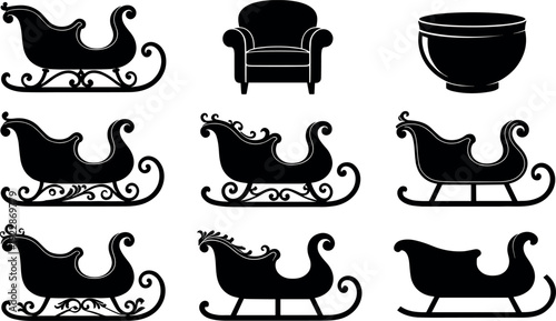 Collection of Christmas sleigh vector silhouettes featuring ornate sled shapes armchair and bowl icons for winter holiday and festive interior designs.