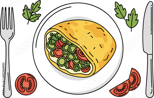 Pita Bread Sandwich Vector Illustration with Vegetable Filling on Plate with Fork Knife and Fresh Tomatoes Isolated on White Background