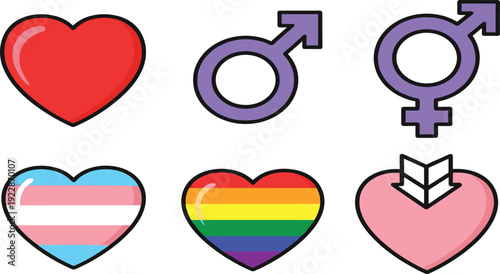 Pride and Gender Identity Vector Set with LGBTQ Rainbow Heart Transgender Flag Male and Non-Binary Symbols Isolated on White Background