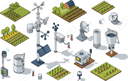 Agricultural technology illustration featuring farm equipment and machinery in a field setting with various agricultural devices.