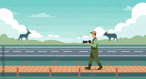 A male photographer walking with a camera capturing moments.