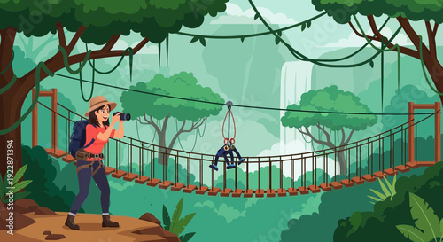 Adventurous photographer captures wildlife in lush jungle environment.