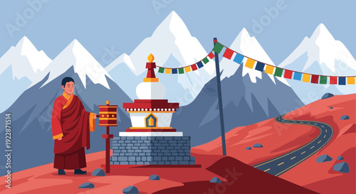 Buddhist Monk with Prayer Wheel and Stupa.