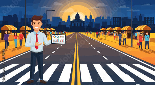 Businessman presenting financial data on a tablet.