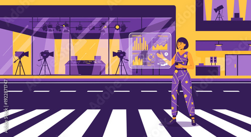 Confident woman with short hair and stylish outfit standing on a crosswalk.