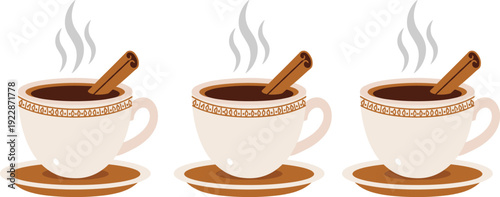 Hot Chocolate Cup Vector Set with Cinnamon Stick Steam and Saucer Isolated on White Background for Winter Cozy Drink Concept