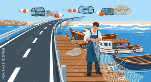 Fisherman mending fishing net on a wooden pier.