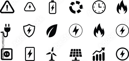 Energy and power line icons set featuring electricity, renewable energy, battery, charging, sustainability, technology symbols