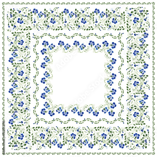 Vector floral seamless border patterns from hand painted blue forget-me-not flowers on a white background. 4 pattern brushes in the brush palette