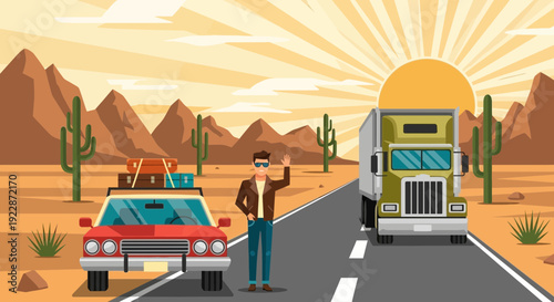 Man hitchhiking by a vintage car on a desert road with a truck passing by.