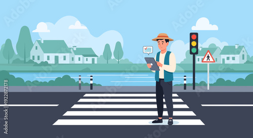 Man in hat and vest standing on a crosswalk with a tablet.