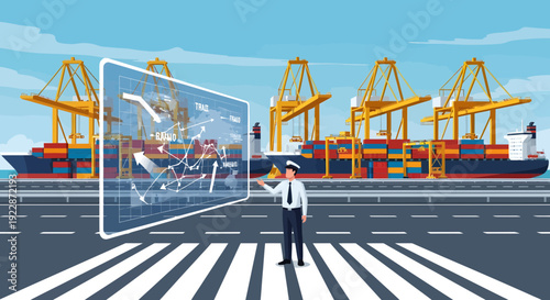 Man in uniform interacting with a large transparent screen.