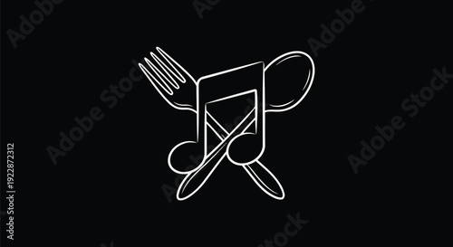 Fork Spoon Negative Space Music Note – Off-White Minimal Line Art Vector on Black Background Poster