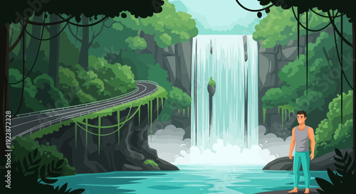 Man standing by a waterfall in a lush jungle setting.