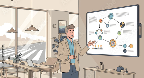 Professional man presenting data visualization on a large screen.