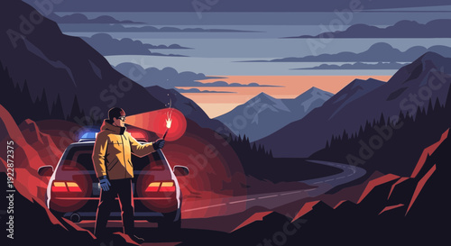 Man with flashlight next to car at night.