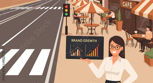 Professional woman presenting brand growth statistics on a digital tablet.