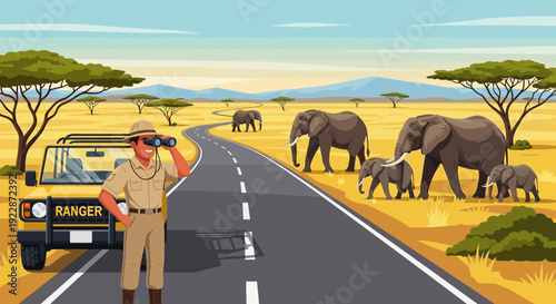 Safari ranger observing wildlife with binoculars near a safari vehicle.