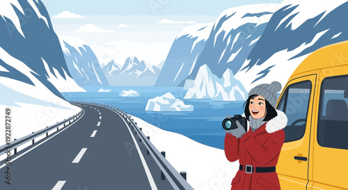 Woman in winter coat taking photos during a cold weather road trip.