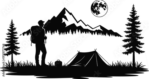 Hiker silhouette with backpack standing near camping tent at night, mountain forest landscape with full moon and pine trees