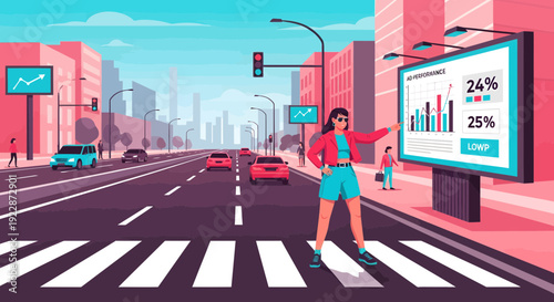 Woman pointing at a large outdoor digital billboard displaying data.