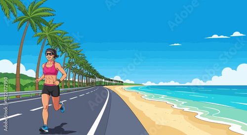 Woman running on a coastal road focused on fitness and healthy lifestyle.