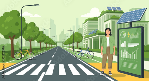 Woman standing next to a solarpowered digital display in a green city.