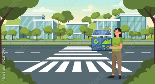 Woman standing near a futuristic delivery robot on a city street.
