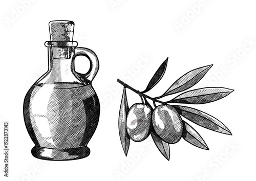 Olive oil bottle and olive branch with leaves, hand drawn sketch style vector illustration