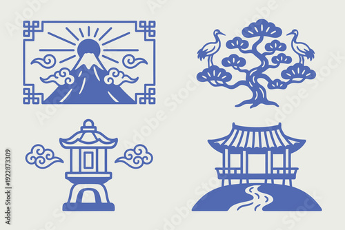 Traditional Japanese Elements: Mount Fuji, Cranes, Pagoda, and Lantern Icons