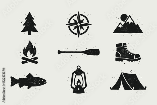 Vintage Outdoor Adventure Camping Icons Set with Grunge Texture