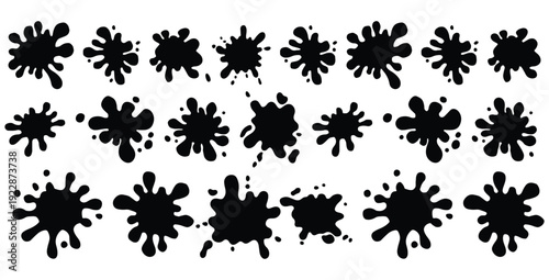 Collection of diverse black ink paint splatters drops and splashes isolated on a clean white background for graphic design elements