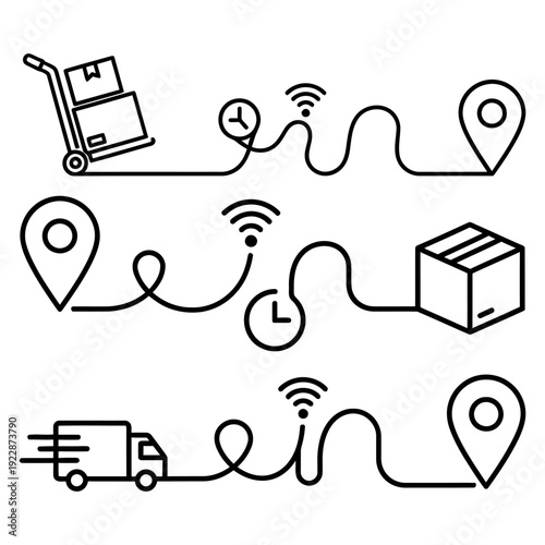 Logistics and delivery icons set, seamless shipping workflow and package tracking symbols from dispatch to final arrival destination.