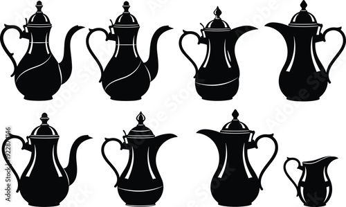 Arabic coffee pot dallah icon set traditional teapot silhouette vector illustration Middle Eastern drink isolated collection design element