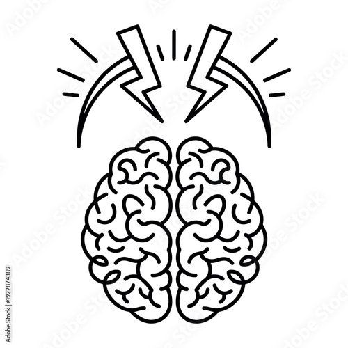 Concept of brainstorming and idea generation with a lightning bolt striking a brain, inspiration energy symbol, creative thinking vector illustration