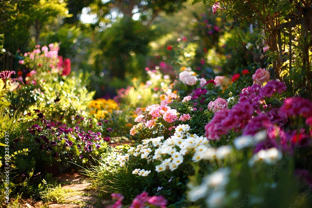 Obraz premium A vibrant garden path lined with colorful flowers in full bloom